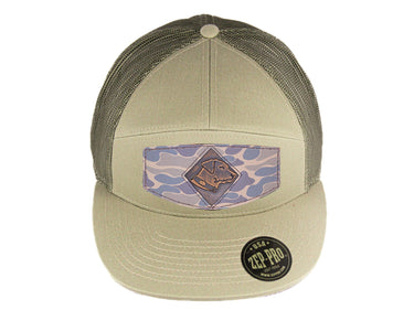 Lab Hand Burnished Full Grain Old School Camo Brown Leather Patch Hat. 7-Panel Modern Flat Bill Cap. Richardson 168 Trucker Snapback Hat.