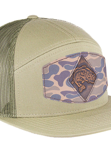 Bass Hand Burnished Full Grain Old School Camo Brown Leather Patch Hat. 7-Panel Modern Flat Bill Cap. Richardson 168 Trucker Snapback Hat.