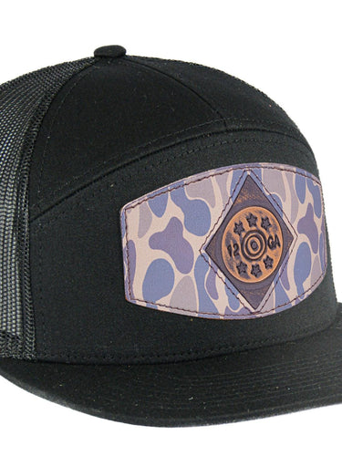 Shot Shell Hand Burnished Full Grain Old School Camo Brown Leather Patch Hat. 7-Panel Modern Flat Bill Cap. Richardson 168 Snapback Hat.