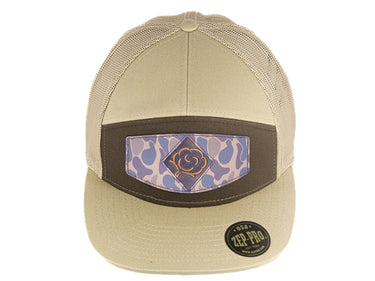Cotton Boll Hand Burnished Full Grain Old School Camo Brown Leather Patch Hat. 7-Panel Modern Flat Bill Cap. Richardson 168 Snapback Hat.