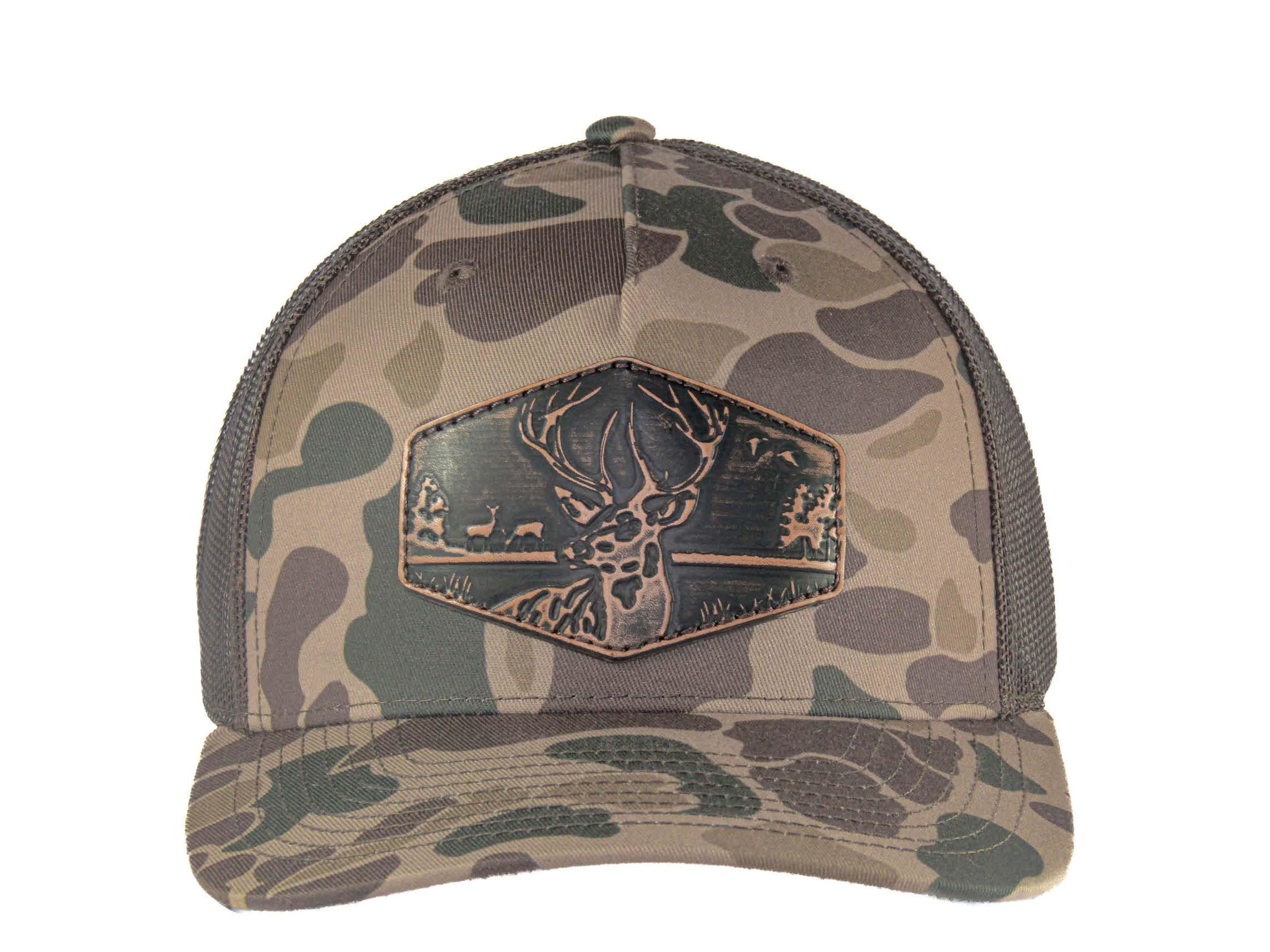 Buck Old School Camo Trucker Hat. Hand Burnished Full Grain Leather Patch. 5-Panel Richardson 112 Snapback Cap. Stitched Deer Leather Patch.