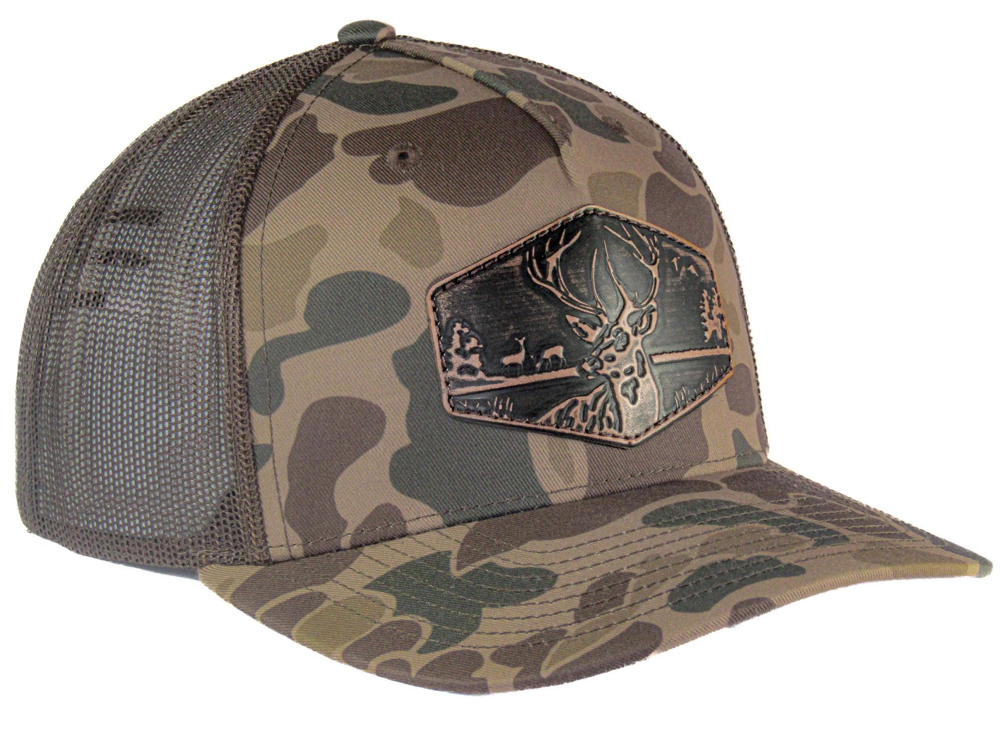 Buck Old School Camo Trucker Hat. Hand Burnished Full Grain Leather Patch. 5-Panel Richardson 112 Snapback Cap. Stitched Deer Leather Patch.