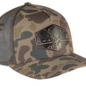 Buck Old School Camo Trucker Hat. Hand Burnished Full Grain Leather Patch. 5-Panel Richardson 112 Snapback Cap. Stitched Deer Leather Patch.