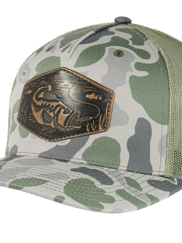 Bass Old School Camo Trucker Hat. Hand Burnished Full Grain Leather Patch. 5-Panel Richardson 112 Snapback Cap. Stitched Bass Leather Patch.