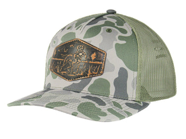 Dog Old School Camo Trucker Hat. Hand Burnished Full Grain Leather Patch. 5-Panel Richardson 112 Snapback Cap. Stitched Dog Leather Patch.