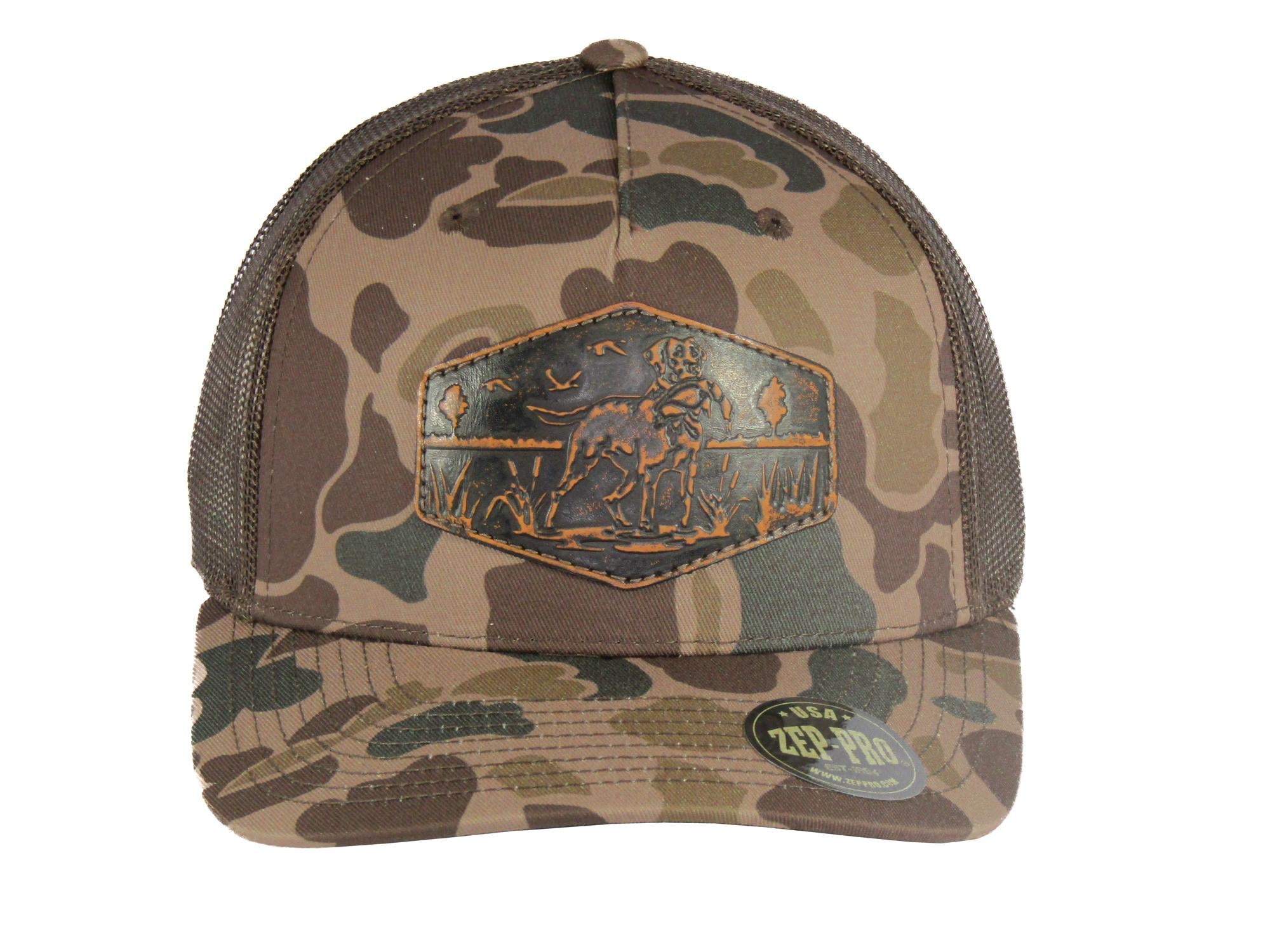 Dog Old School Camo Trucker Hat. Hand Burnished Full Grain Leather Patch. 5-Panel Richardson 112 Snapback Cap. Stitched Dog Leather Patch.