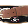 Youth Size Georgia Bulldogs Collegiate Woven Ribbon Belt. Tan Full Grain Leather Tabs. Boys Size Bulldogs Belt. Kids Georgia Ribbon Belt.