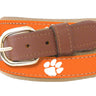 Youth Size Clemson Tigers Collegiate Woven Ribbon Belt. Tan Full Grain Leather Tabs. Boys Size Tigers Belt. Kids Clemson Ribbon Belt.