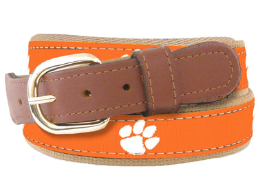 Youth Size Clemson Tigers Collegiate Woven Ribbon Belt. Tan Full Grain Leather Tabs. Boys Size Tigers Belt. Kids Clemson Ribbon Belt.