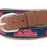 Youth Size Ole Miss Rebels Collegiate Woven Ribbon Belt. Tan Full Grain Leather Tabs. Boys Size Ole Miss Belt. Kids Ole Miss Ribbon Belt.