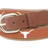 Youth Size Texas Longhorns Collegiate Woven Ribbon Belt. Tan Full Grain Leather Tabs. Boys Size Longhorns Belt. Kids Texas Ribbon Belt.