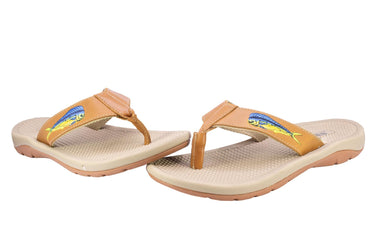 Mahi Dolphin Men's Fishing Sandal, Tan Leather Strap Boating Flip Flop, Embroidered Fish Design, Cushioned Insole, Non-Slip Boating Shoe.