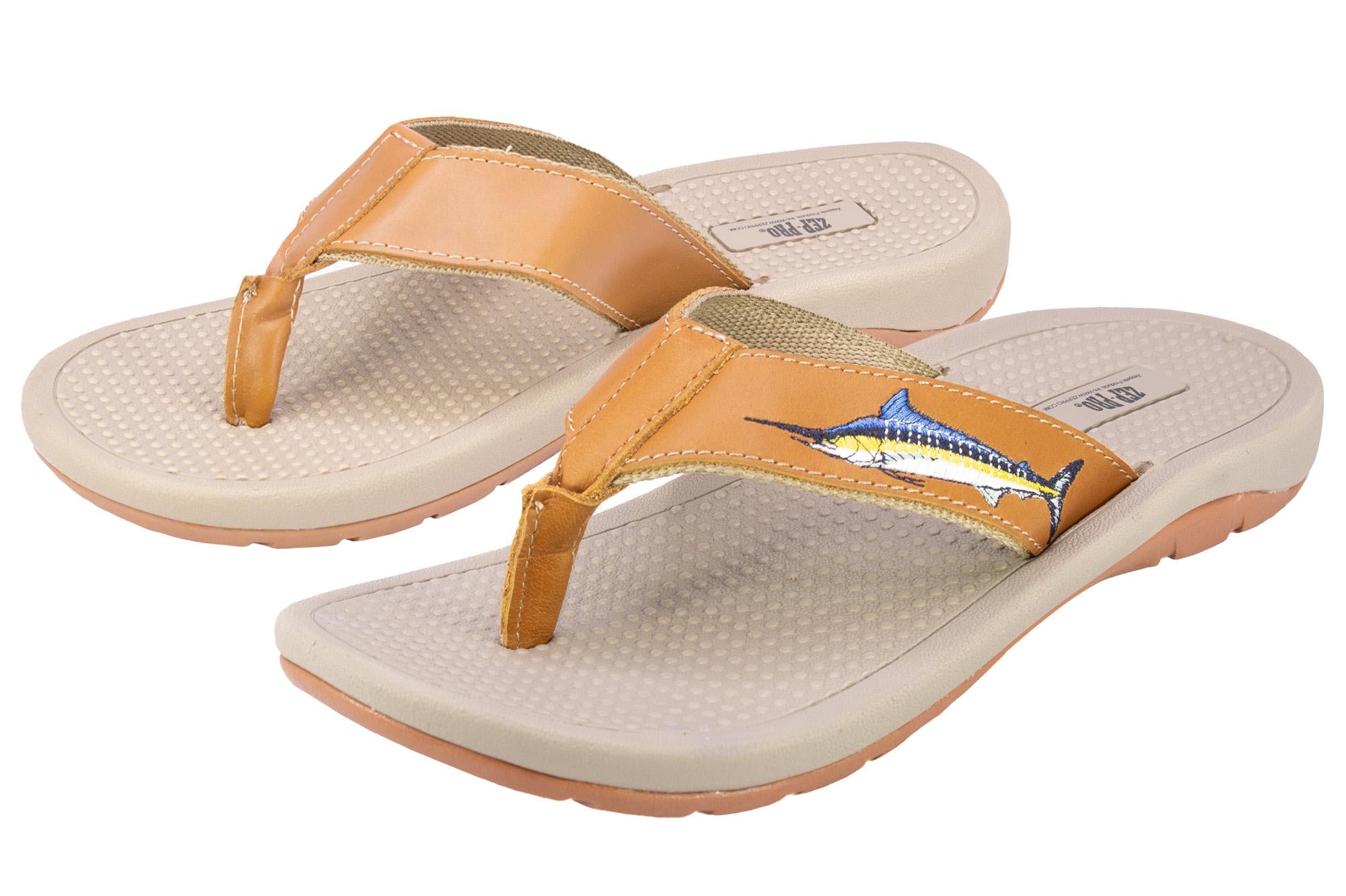Marlin Men's Fishing Sandal, Tan Leather Strap Boating Flip Flop, Embroidered Fish Design, Cushioned Insole, Non-Slip Boating Shoe.