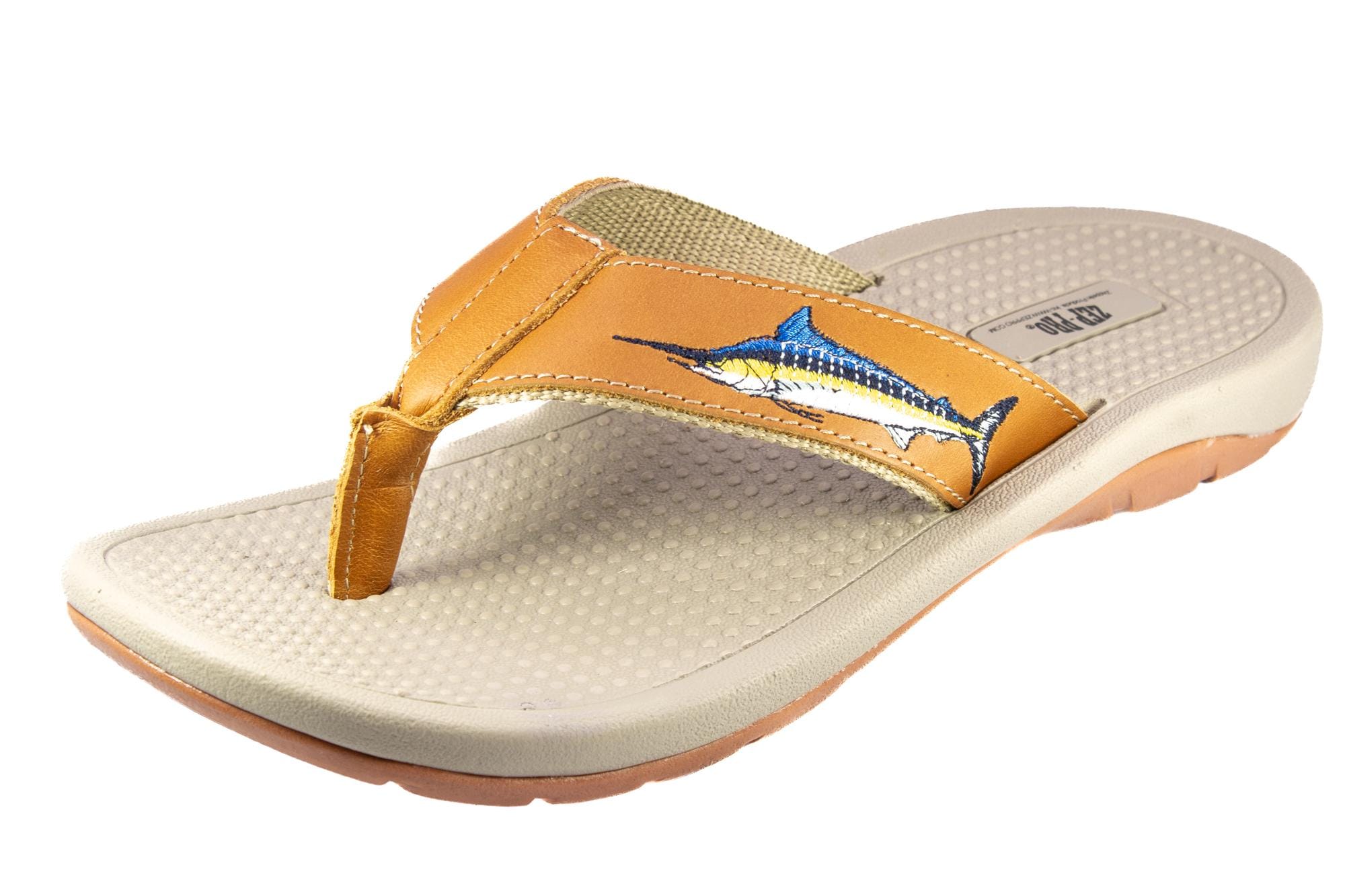 Marlin Men's Fishing Sandal, Tan Leather Strap Boating Flip Flop, Embroidered Fish Design, Cushioned Insole, Non-Slip Boating Shoe.