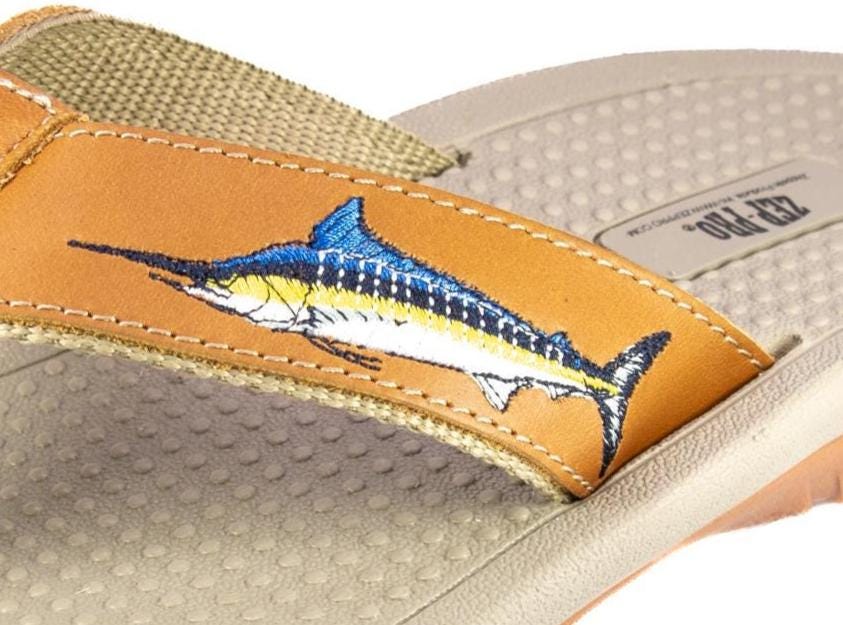 Marlin Men's Fishing Sandal, Tan Leather Strap Boating Flip Flop, Embroidered Fish Design, Cushioned Insole, Non-Slip Boating Shoe.