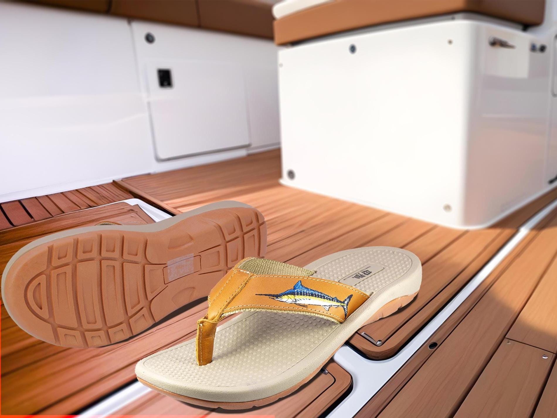 Marlin Men's Fishing Sandal, Tan Leather Strap Boating Flip Flop, Embroidered Fish Design, Cushioned Insole, Non-Slip Boating Shoe.