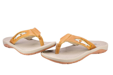 Redfish Men's Fishing Sandal, Tan Leather Strap Boating Flip Flop, Embroidered Fish Design, Cushioned Insole, Non-Slip Boating Shoe.