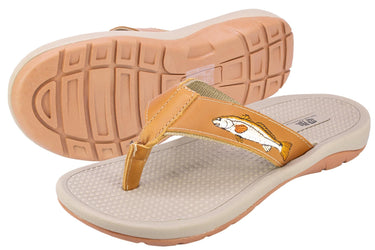 Redfish Men's Fishing Sandal, Tan Leather Strap Boating Flip Flop, Embroidered Fish Design, Cushioned Insole, Non-Slip Boating Shoe.