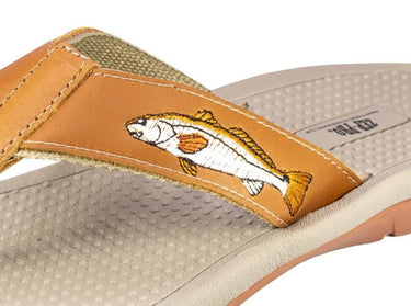 Redfish Men's Fishing Sandal, Tan Leather Strap Boating Flip Flop, Embroidered Fish Design, Cushioned Insole, Non-Slip Boating Shoe.