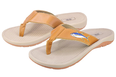 Yellow Tuna Men's Fishing Sandal, Tan Leather Strap Boating Flip Flop, Embroidered Fish Design, Cushioned Insole, Non-Slip Boating Shoe.