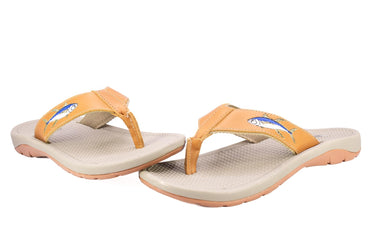 Yellow Tuna Men's Fishing Sandal, Tan Leather Strap Boating Flip Flop, Embroidered Fish Design, Cushioned Insole, Non-Slip Boating Shoe.