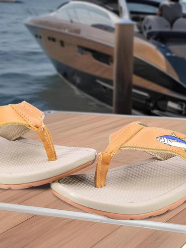 Yellow Tuna Men's Fishing Sandal, Tan Leather Strap Boating Flip Flop, Embroidered Fish Design, Cushioned Insole, Non-Slip Boating Shoe.