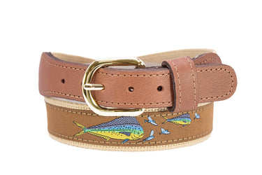 Dolphin Mahi Men's Woven Ribbon Belt, Navy Fishing Belt, Boating Gift, Tan Full Grain Leather Tabs, Solid Brass Buckle and Cotton Webbing.