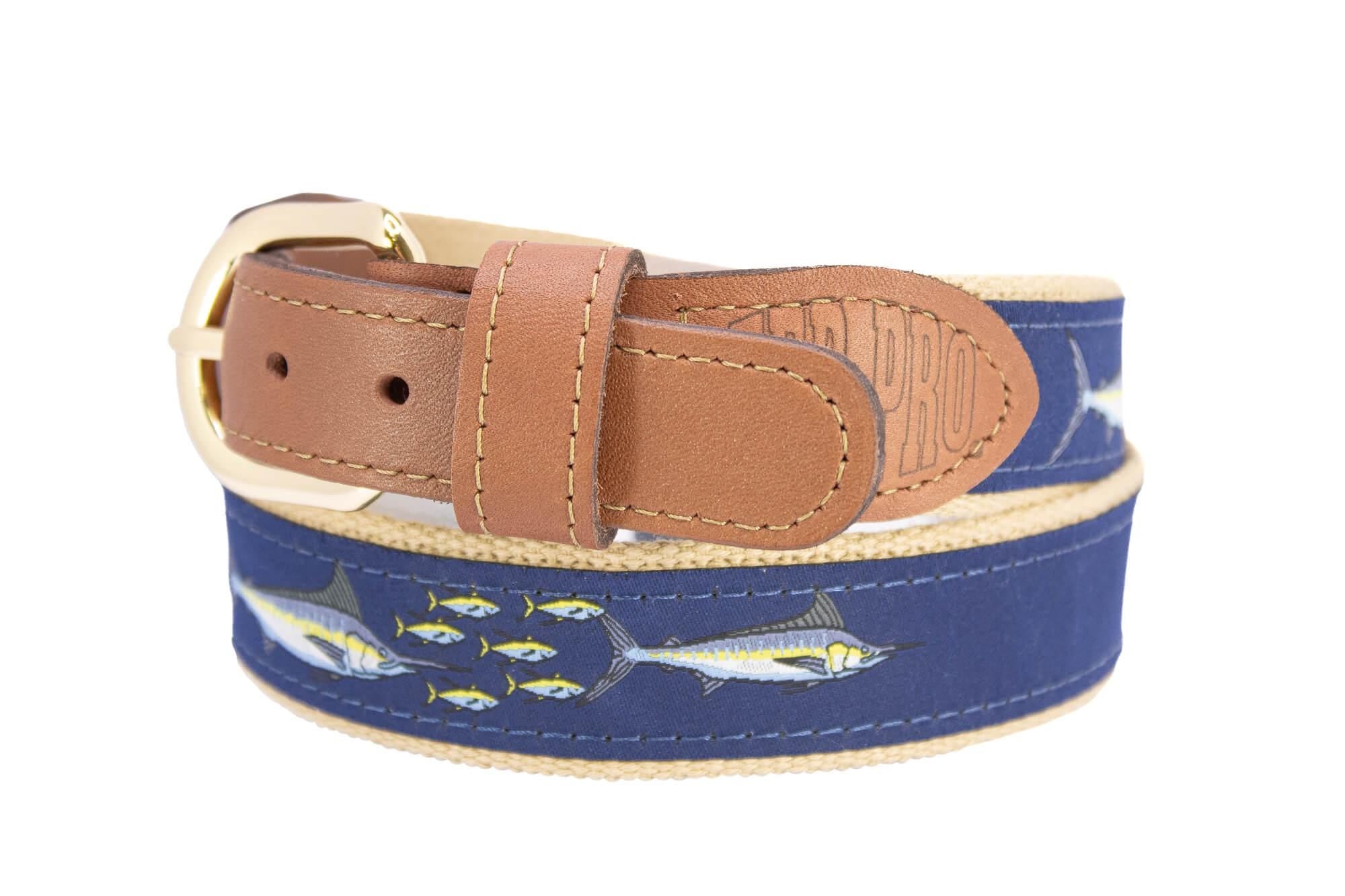 Marlin Men's Woven Ribbon Belt, Navy Fishing Belt, Boating Gift, Tan Full Grain Leather Tabs, Solid Brass Buckle and Cotton Webbing.
