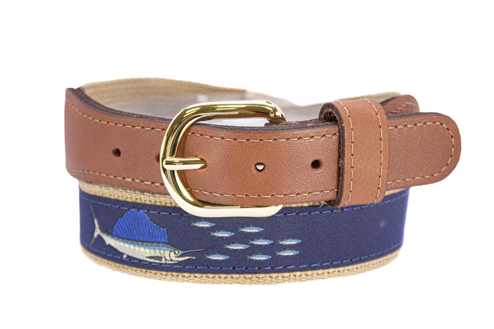 Sailfish Men's Woven Ribbon Belt, Navy Fishing Belt, Boating Gift, Tan Full Grain Leather Tabs, Solid Brass Buckle and Cotton Webbing.