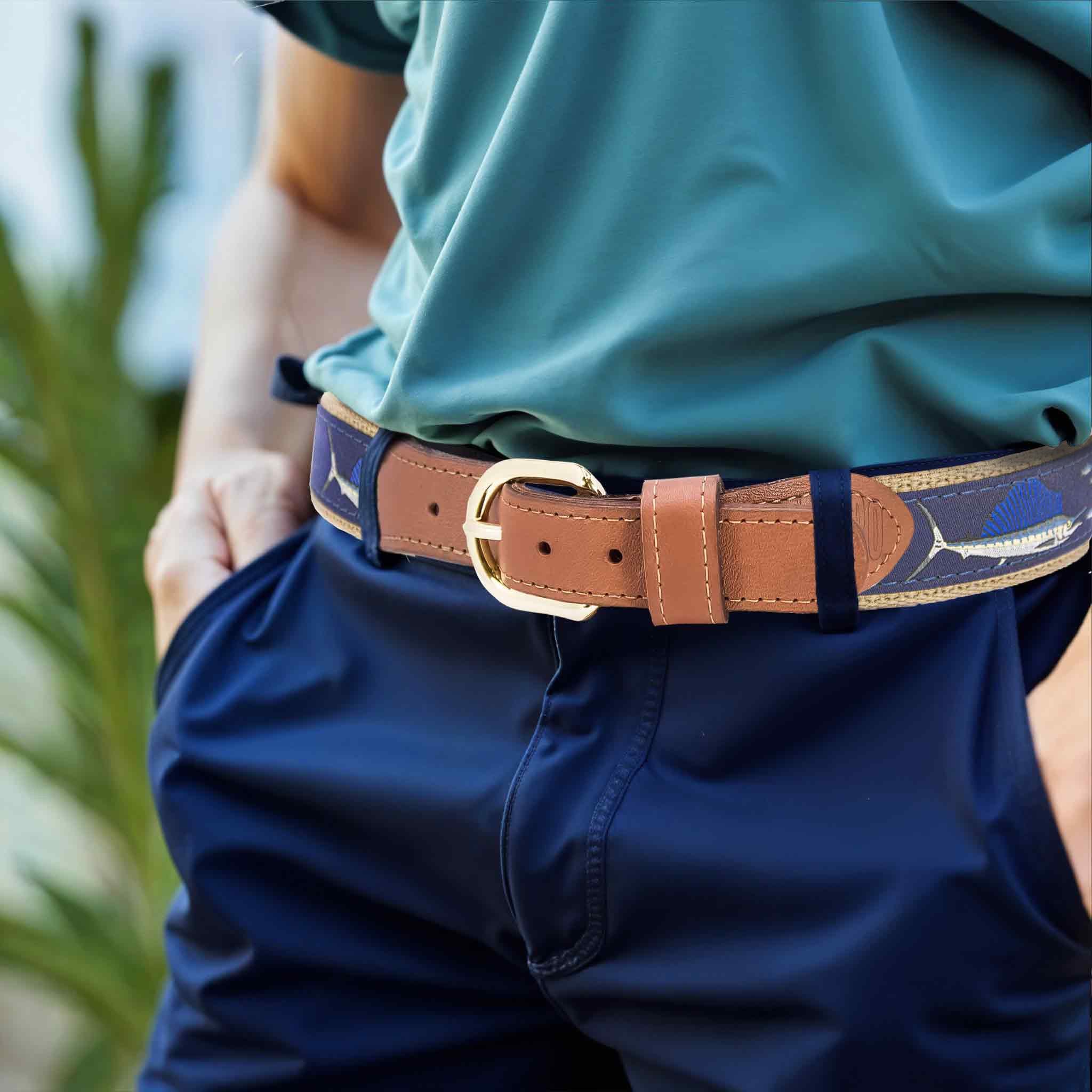 Sailfish Men's Woven Ribbon Belt, Navy Fishing Belt, Boating Gift, Tan Full Grain Leather Tabs, Solid Brass Buckle and Cotton Webbing.