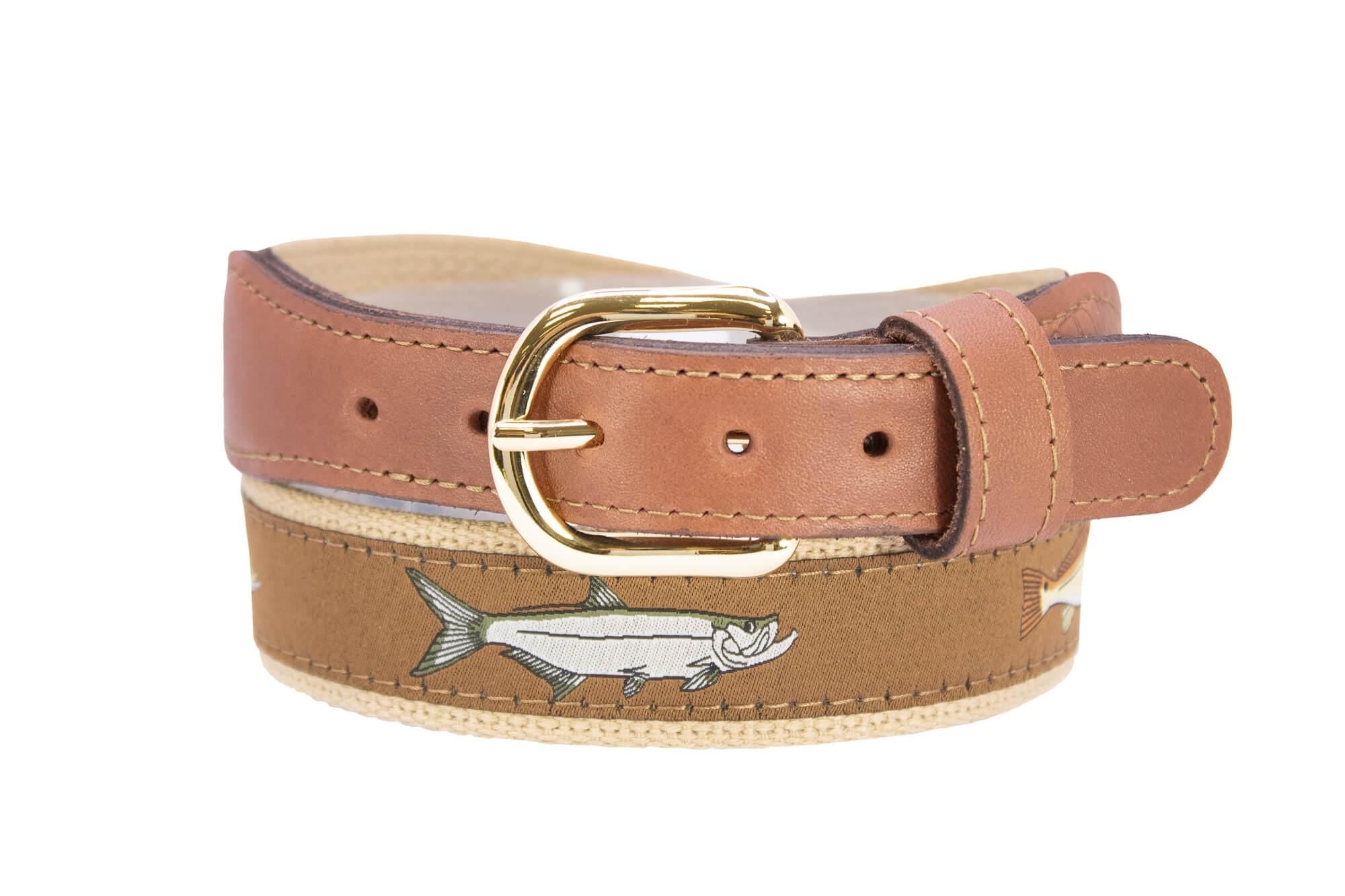 Backcountry Slam Men's Woven Ribbon Belt, Brown Fishing Belt, Boating Gift, Tarpon, Redfish, Snook, Speckled Trout. Tan Leather Tabs.