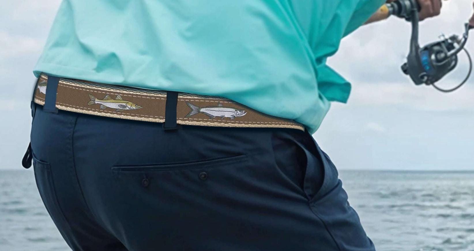 Backcountry Slam Men's Woven Ribbon Belt, Brown Fishing Belt, Boating Gift, Tarpon, Redfish, Snook, Speckled Trout. Tan Leather Tabs.