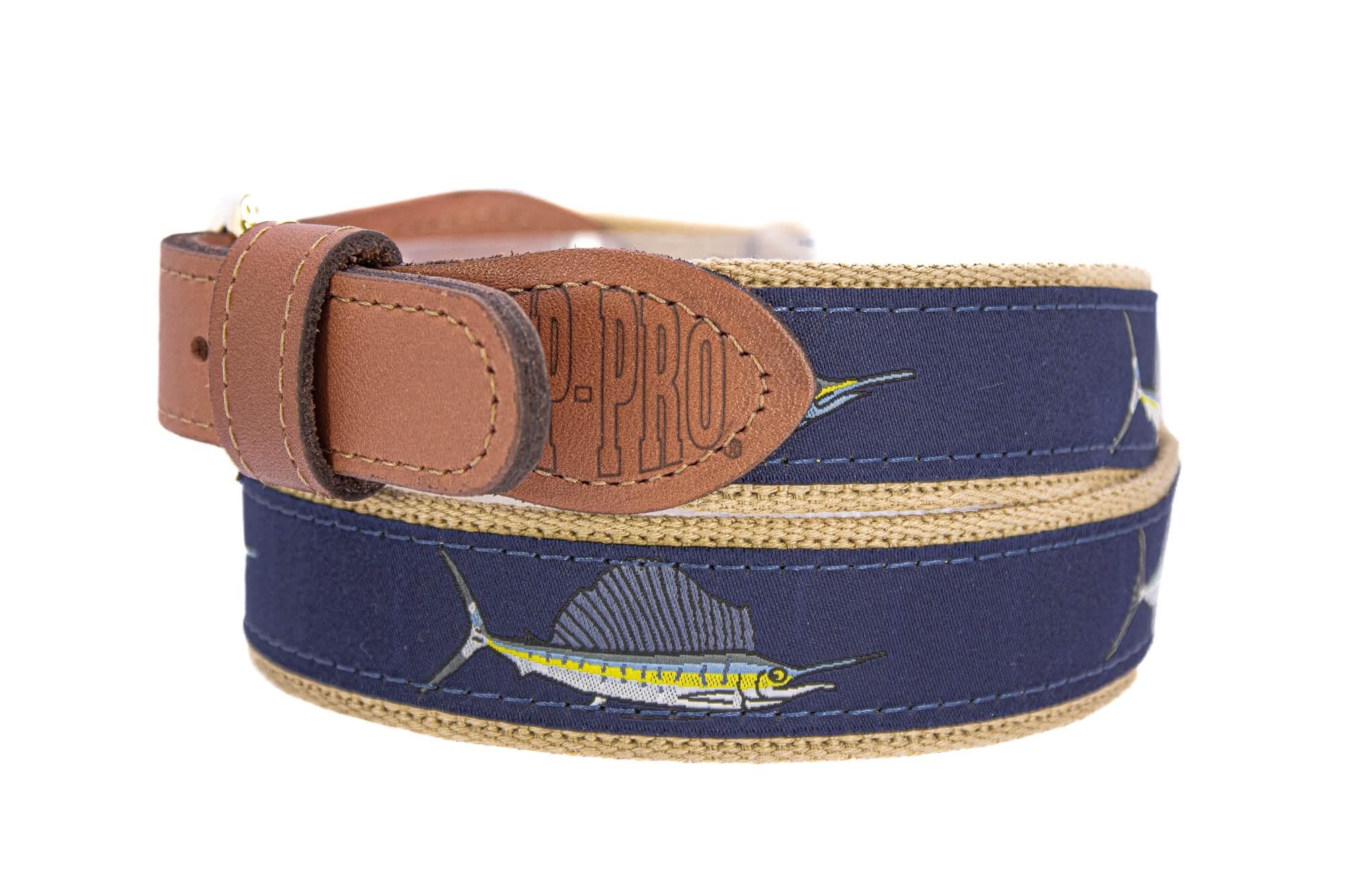 Billfish Slam Men's Woven Ribbon Belt, Brown Fishing Belt, Boating Gift, Blue Marlin, Sailfish, White Marlin, Tan Full Grain Leather Tabs.