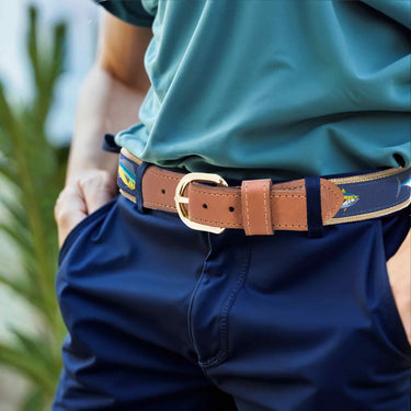 Offshore Slam Men's Woven Ribbon Belt, Brown Fishing Belt, Boating Gift, Mahi Dolphin, Yellow Tuna, Wahoo, Kingfish. Tan Leather Tabs.
