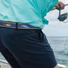Offshore Slam Men's Woven Ribbon Belt, Brown Fishing Belt, Boating Gift, Mahi Dolphin, Yellow Tuna, Wahoo, Kingfish. Tan Leather Tabs.