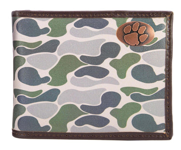 Clemson Tigers Men's Bifold Old School Camo Leather Wallet. Gift For Clemson Fan. Quality Full Grain Leather With Antique Copper Logo.