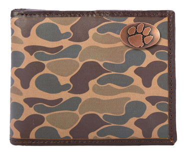Clemson Tigers Men's Bifold Old School Camo Leather Wallet. Gift For Clemson Fan. Quality Full Grain Leather With Antique Copper Logo.