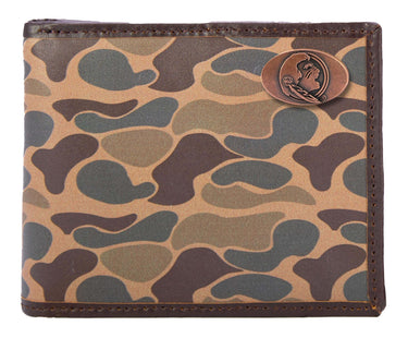 FSU Seminoles Men's Bifold Old School Camo Leather Wallet. Gift For FSU Fan. Quality Full Grain Leather With Antique Copper Logo.
