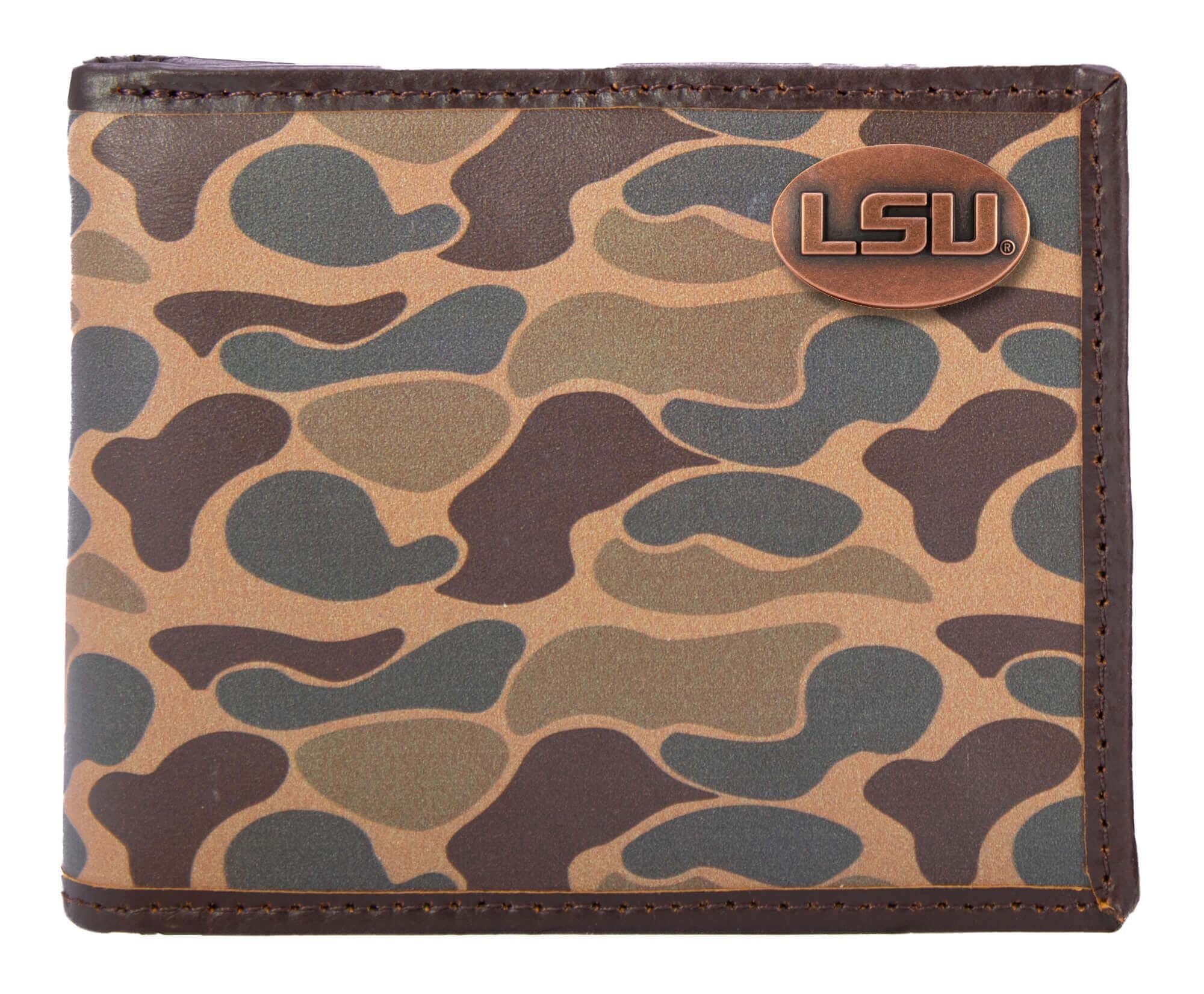 LSU Tigers Men's Bifold Old School Camo Leather Wallet. Gift For LSU Fan. Quality Full Grain Leather With Antique Copper Logo.