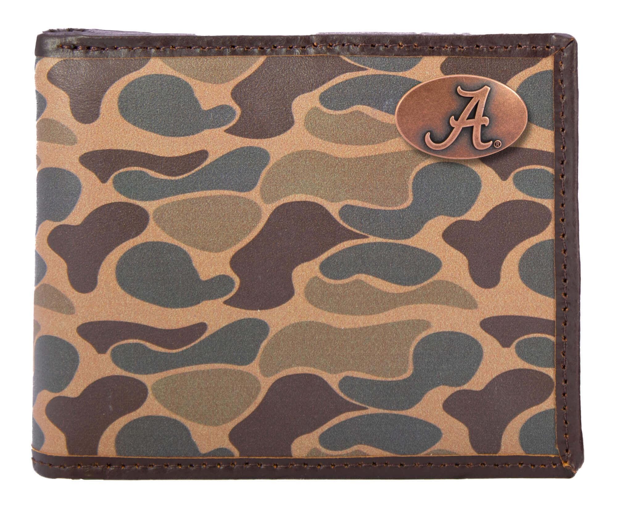 Alabama Crimson Tide Men's Bifold Old School Camo Leather Wallet. Gift For Bama Fan. Quality Full Grain Leather With Antique Copper Logo.