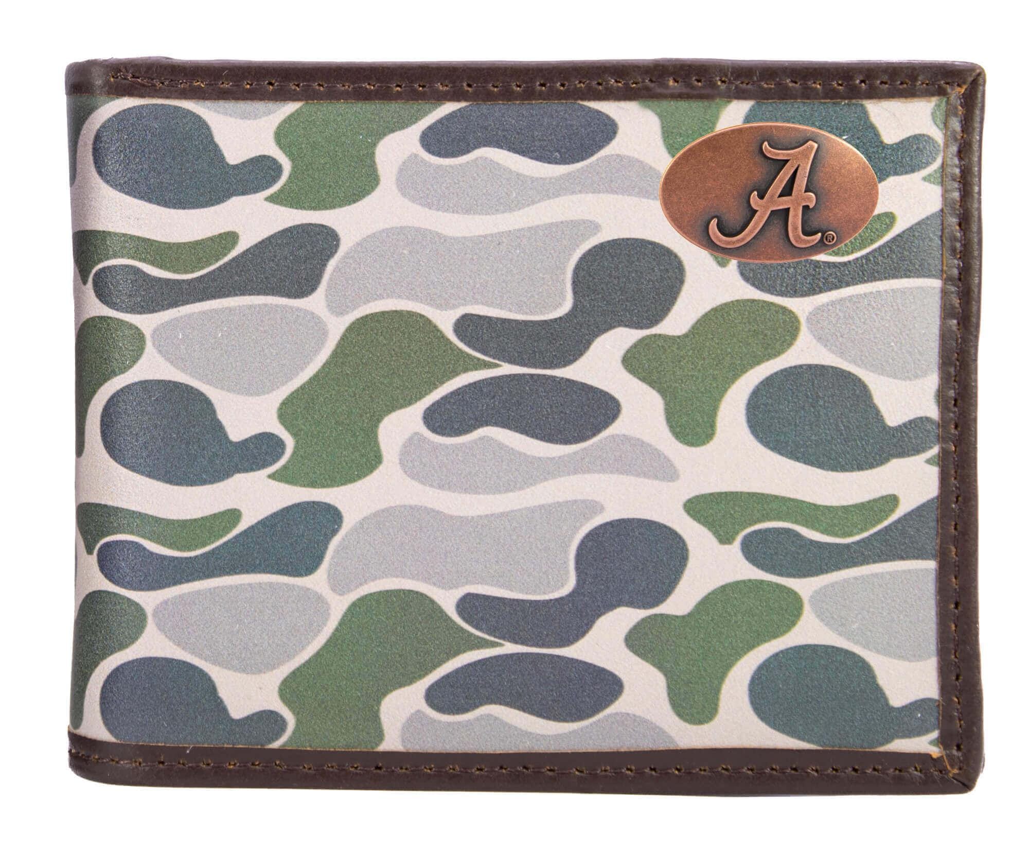 Alabama Crimson Tide Men's Bifold Old School Camo Leather Wallet. Gift For Bama Fan. Quality Full Grain Leather With Antique Copper Logo.