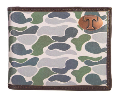 Tennessee Vols Men's Bifold Old School Camo Leather Wallet. Gift For Vols Fan. Quality Full Grain Leather With Antique Copper Logo.