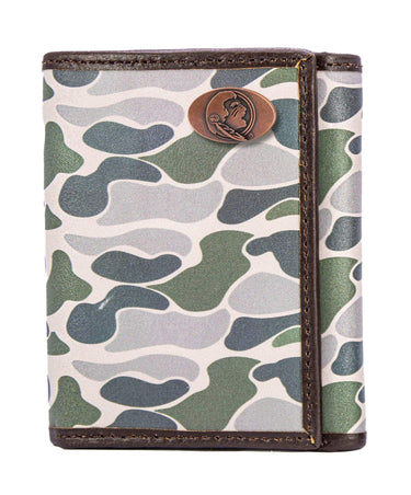 FSU Seminoles Men's Trifold Old School Camo Leather Wallet. Gift For FSU Fan. Quality Full Grain Leather With Antique Copper Logo.