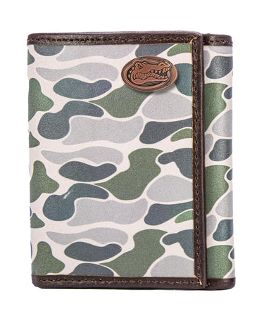 Florida Gators Men's Trifold Old School Camo Leather Wallet. Gift For Gator Fan. Quality Full Grain Leather With Antique Copper Logo.