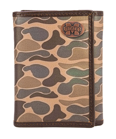 Mississippi State Bulldogs Men's Trifold Old School Camo Leather Wallet. Gift For MS State Fan. Full Grain Leather With Antique Copper Logo.