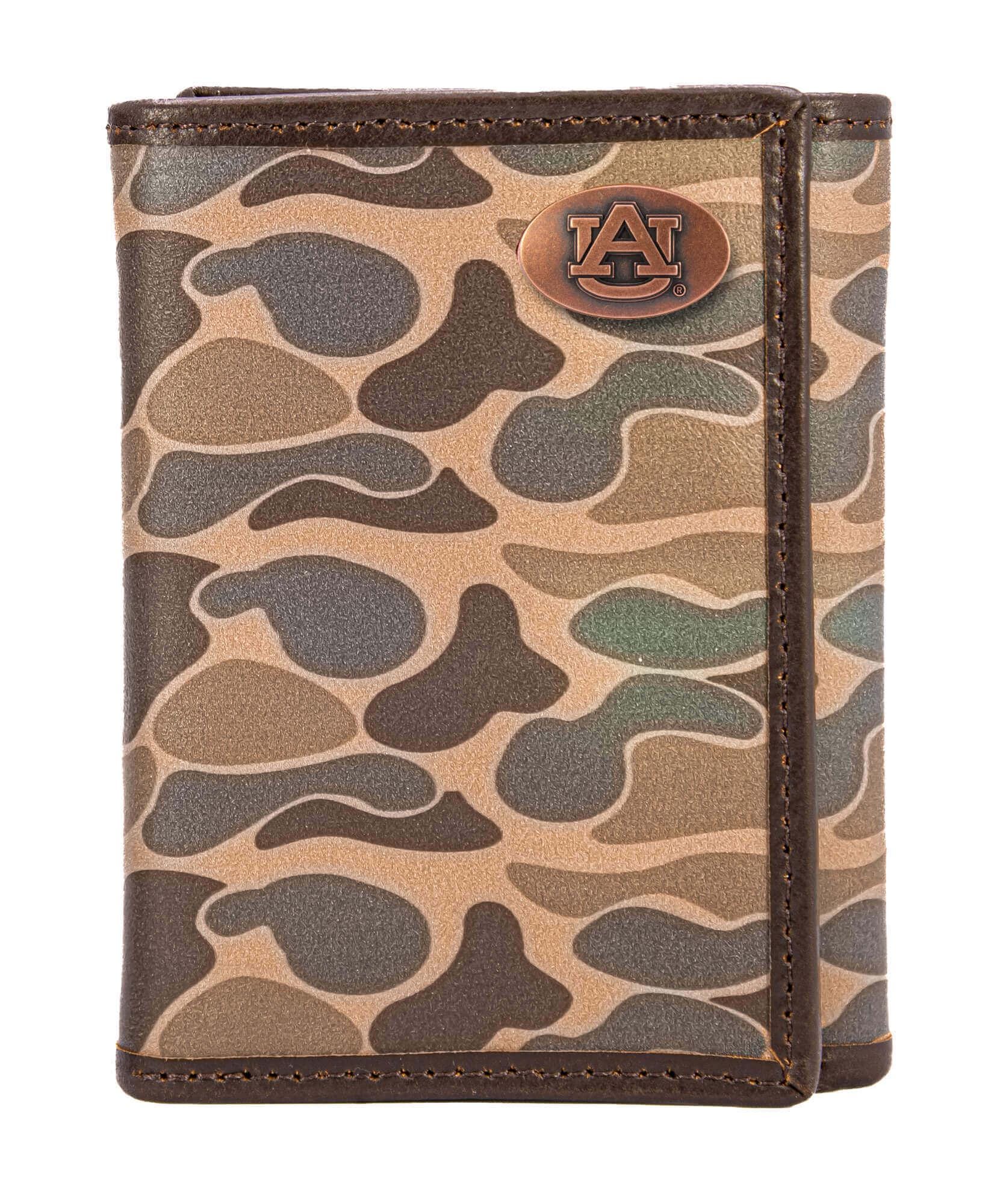 Auburn Tigers Men's Trifold Old School Camo Leather Wallet. Gift For War Eagle Fan. Quality Full Grain Leather With Antique Copper Logo.