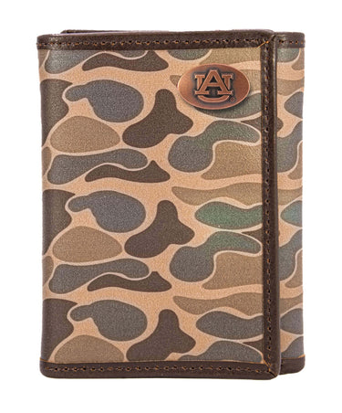 Auburn Tigers Men's Trifold Old School Camo Leather Wallet. Gift For War Eagle Fan. Quality Full Grain Leather With Antique Copper Logo.