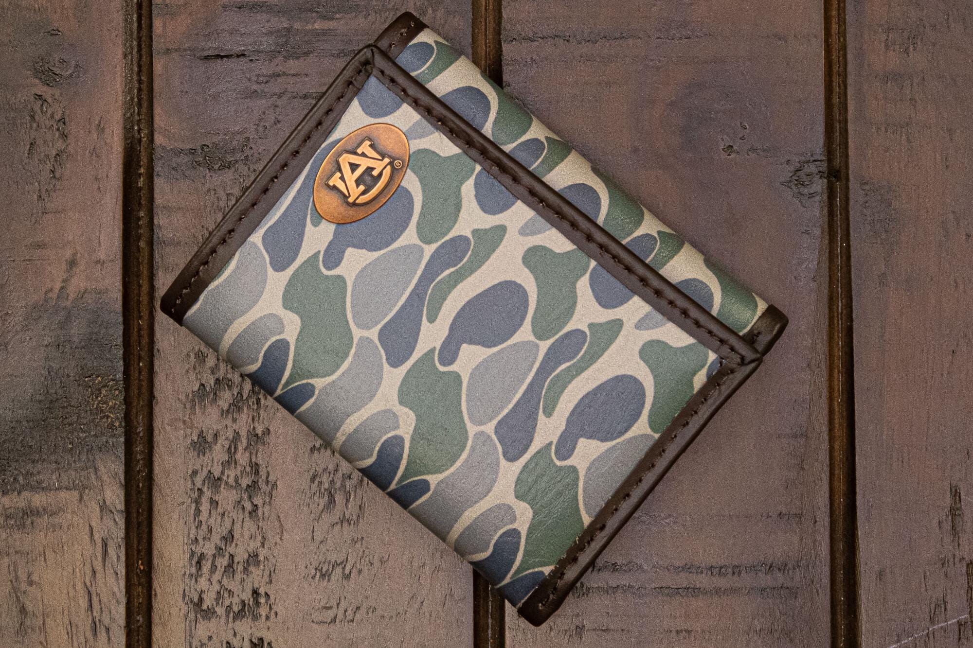 Auburn Tigers Men's Trifold Old School Camo Leather Wallet. Gift For War Eagle Fan. Quality Full Grain Leather With Antique Copper Logo.