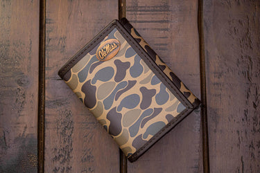 Ole Miss Rebels Men's Trifold Old School Camo Leather Wallet. Gift For Ole Miss Fan. Quality Full Grain Leather With Antique Copper Logo.