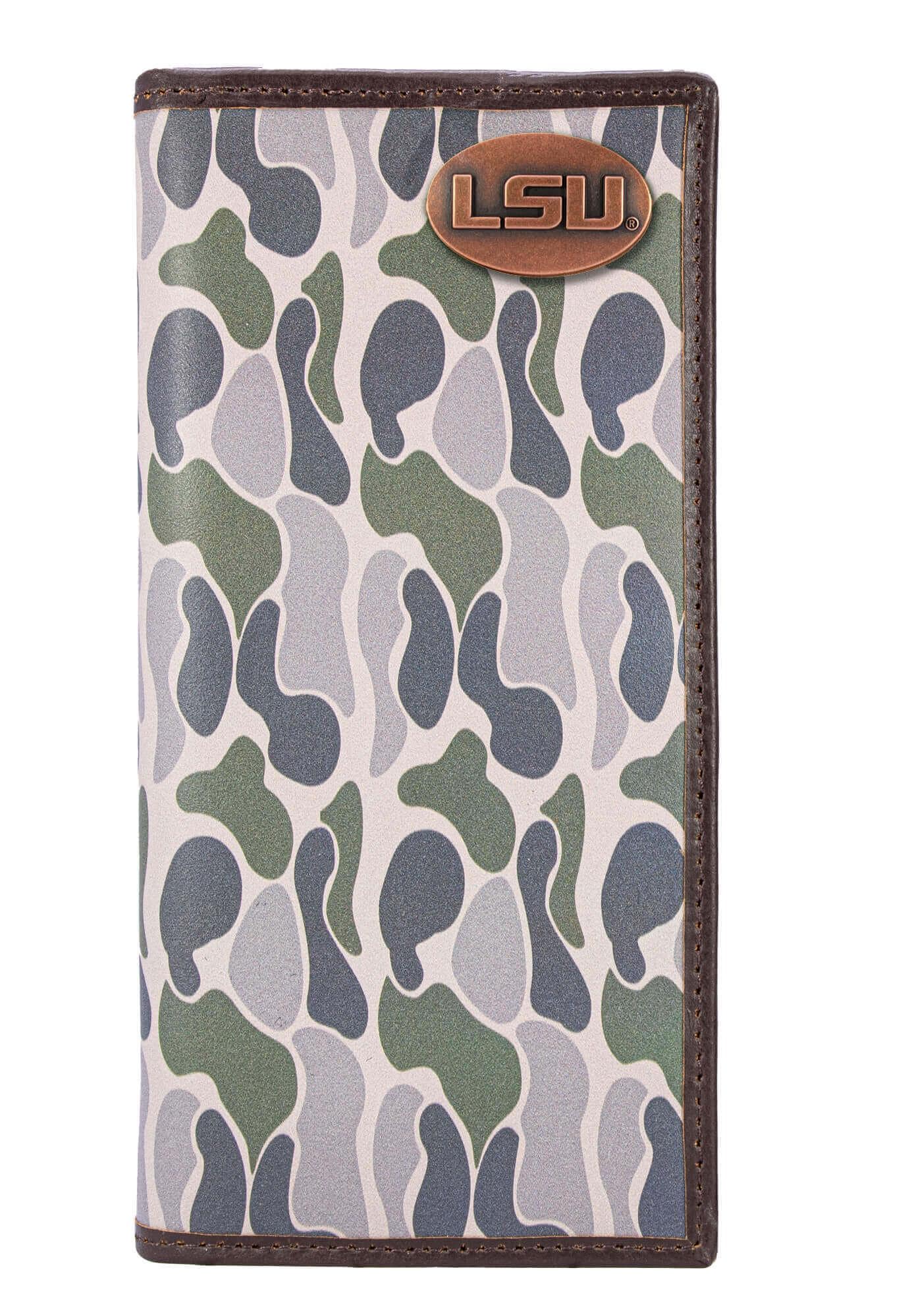 LSU Tigers Men's Secretary Old School Camo Leather Wallet. Gift For LSU Fan. Quality Full Grain Leather With Antique Copper Logo